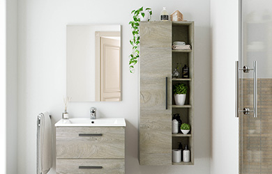 Columna de baño para colgar en pared con una puerta con 3 estante
