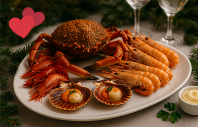 Mariscada para 2 personas + postre + botella de vino